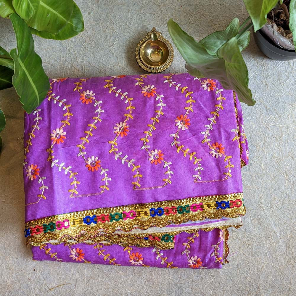 Lilac Floral Embroidered Chunari with golden lace border and vibrant multi-colored accents, perfect for pooja rituals and festive occasions.