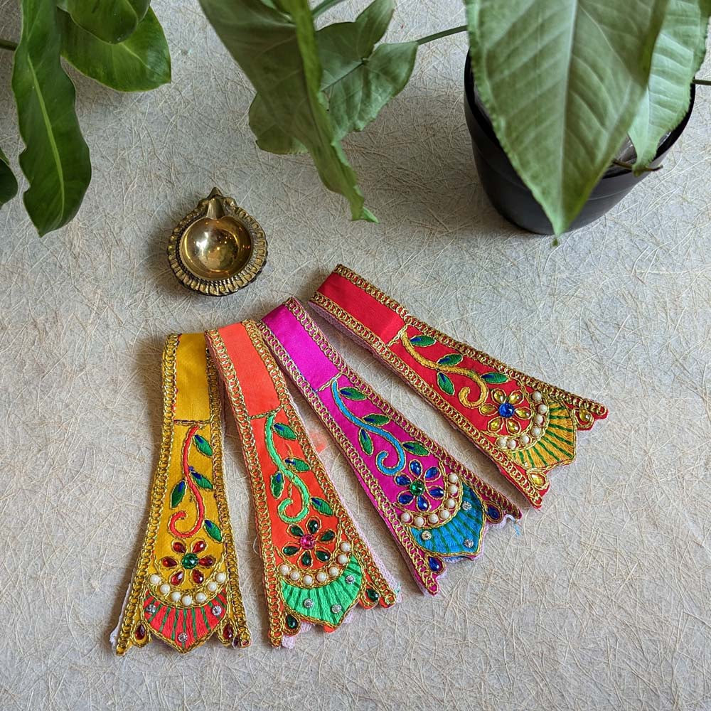 Handcrafted Orange Dupatta with floral motifs, intricate embroidery, and pearl accents, measuring 14 inches, ideal for temple and festive decor.