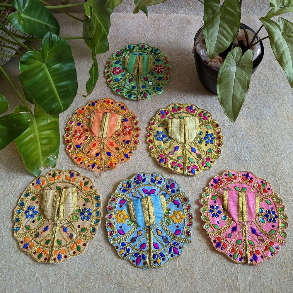 Handcrafted Green Lalji Vastra - 5-inch decorative cover with intricate floral embroidery and mirror work.