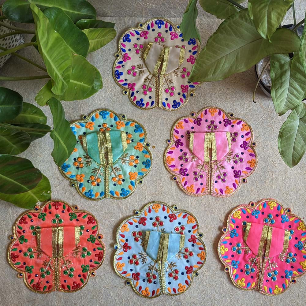 Handcrafted Coral Lalji Vastra with floral embroidery, gold accents, and multicolor embellishments, measuring 6 inches.