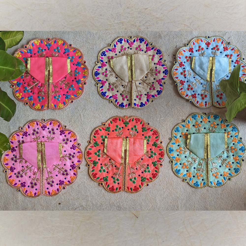 Light Blue Floral Lalji Vastra with scalloped edges, intricate multicolor embroidery, and golden accents - 6 inches.