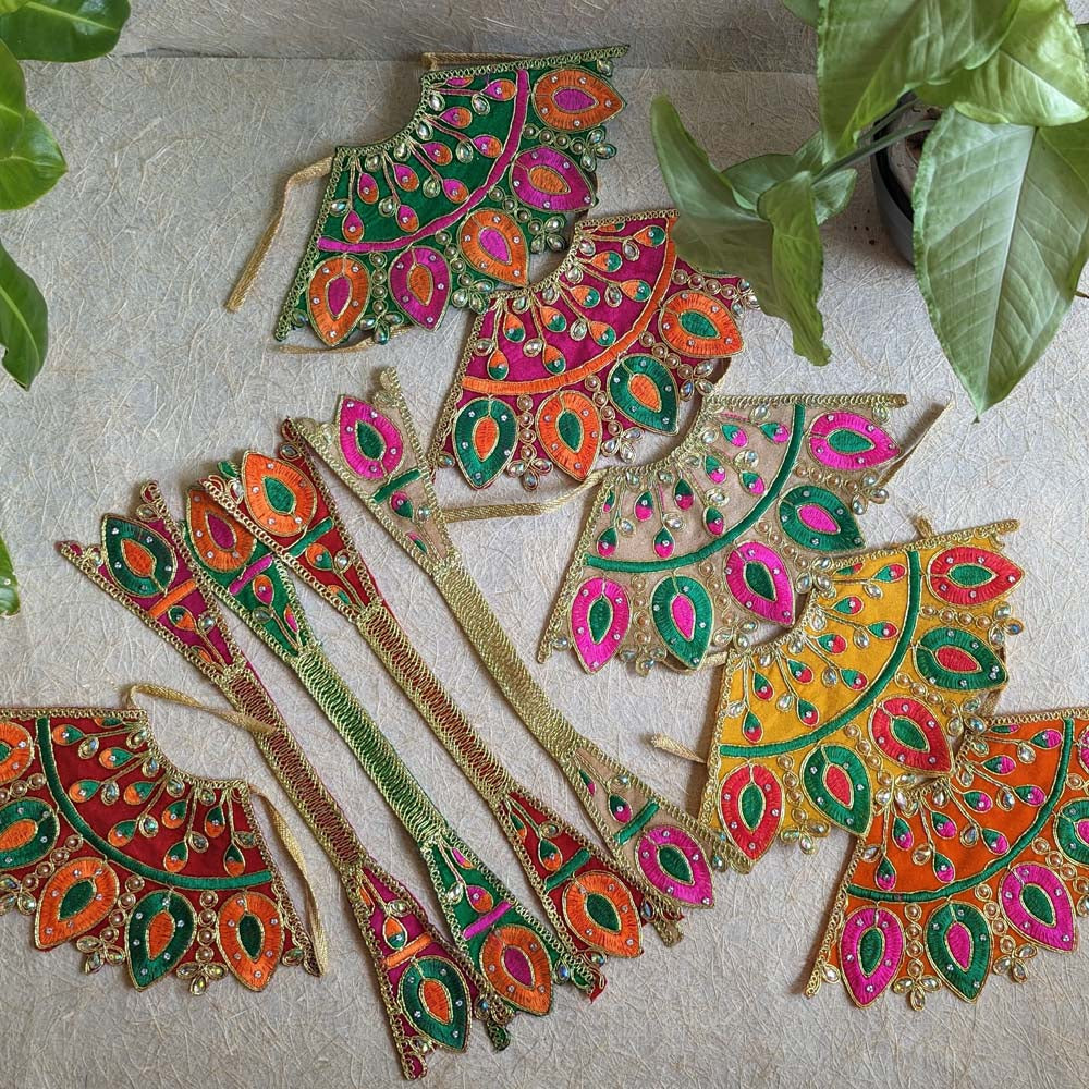 Colorful 3-inch embroidered Lehenga Patka pieces with intricate designs and sparkling embellishments, ideal for festive and religious decor.