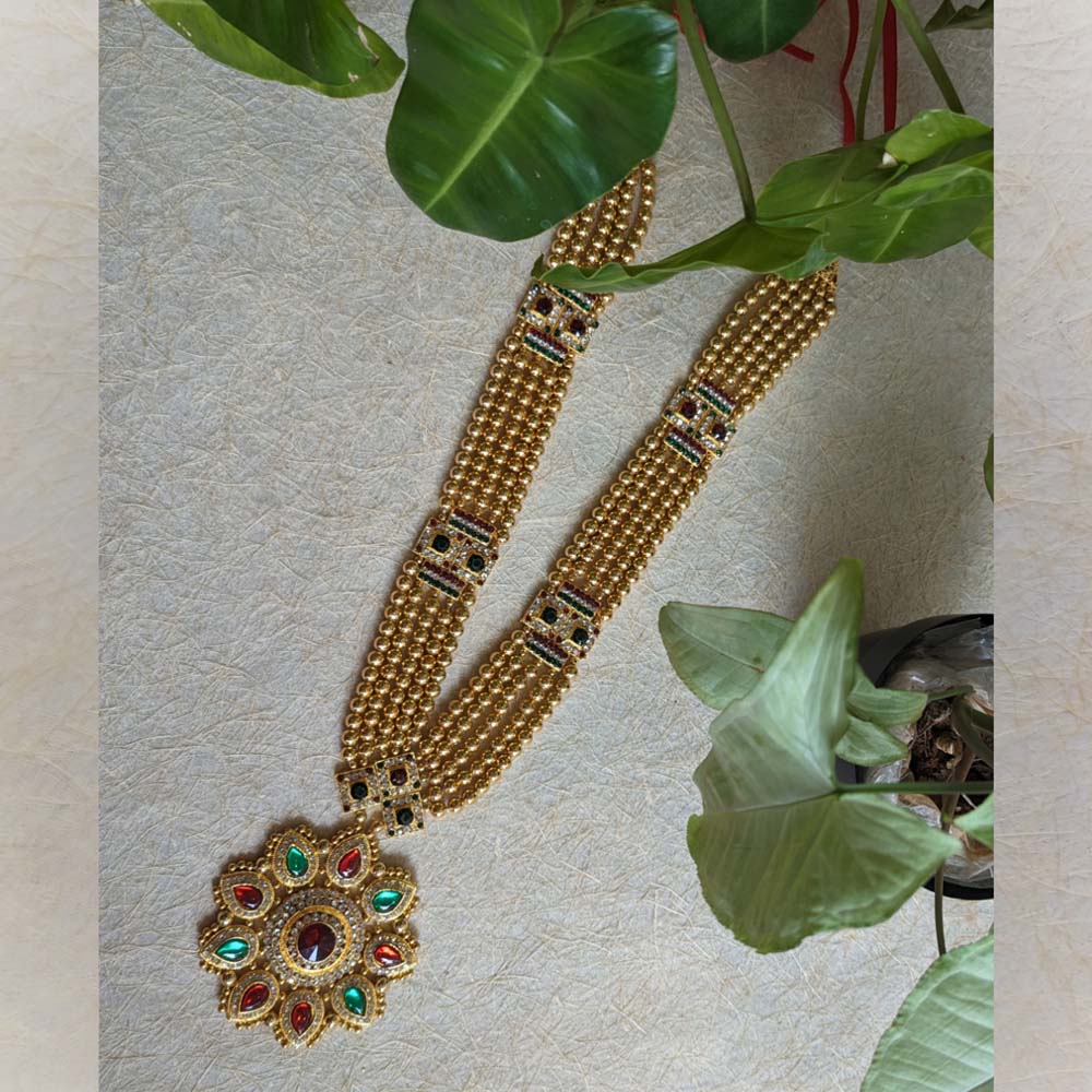 Gold-plated 18-inch traditional necklace with intricate beadwork and multicolored gemstones, ideal for festive and special occasions.