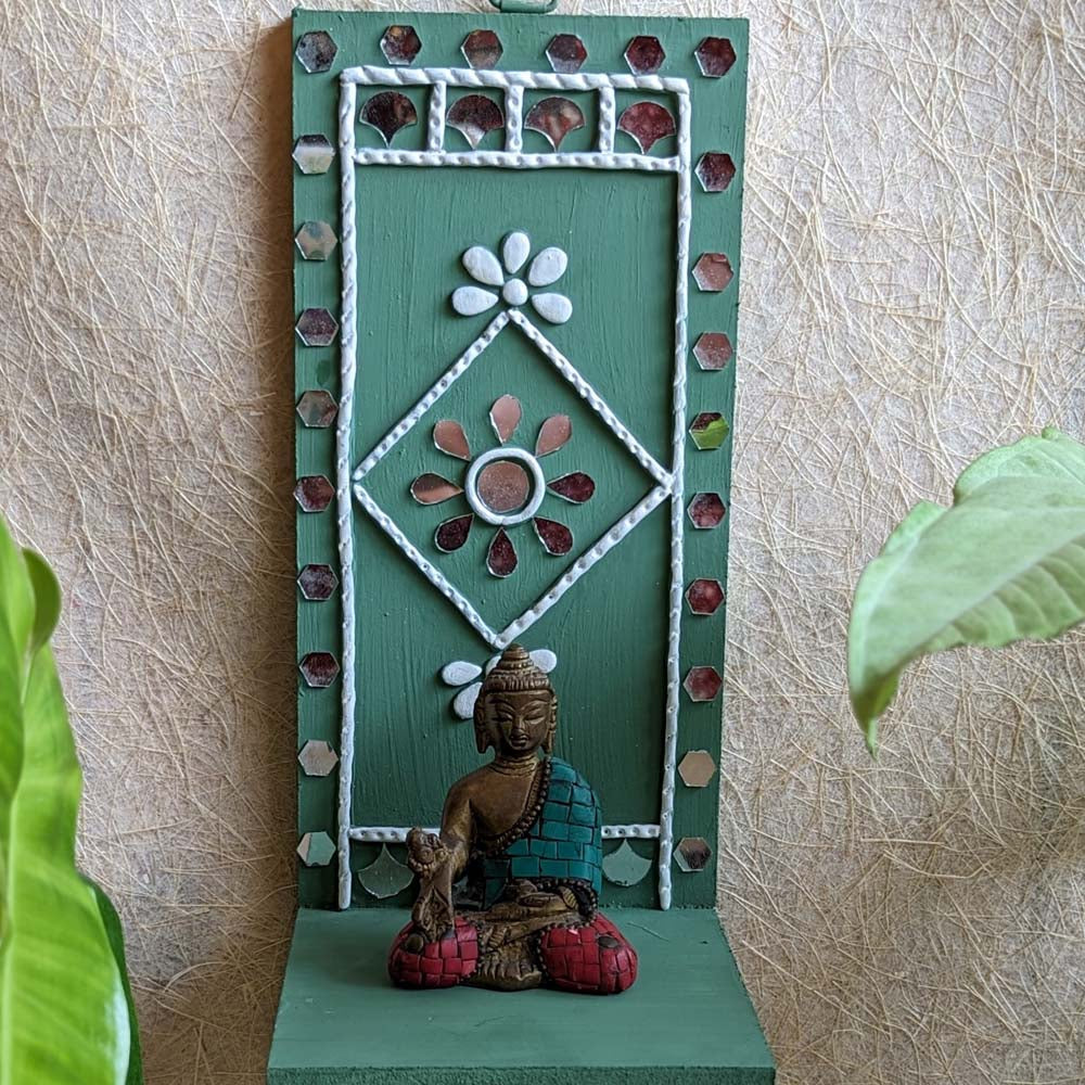 Handcrafted Lippan Art Wall Shelf with intricate mirror work and lattice design.