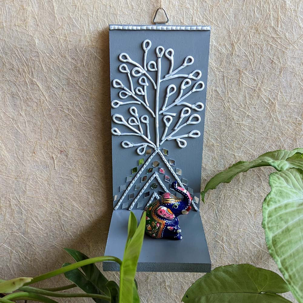 Handcrafted Lippan Art Wall Shelf with intricate mirror work and lattice design.