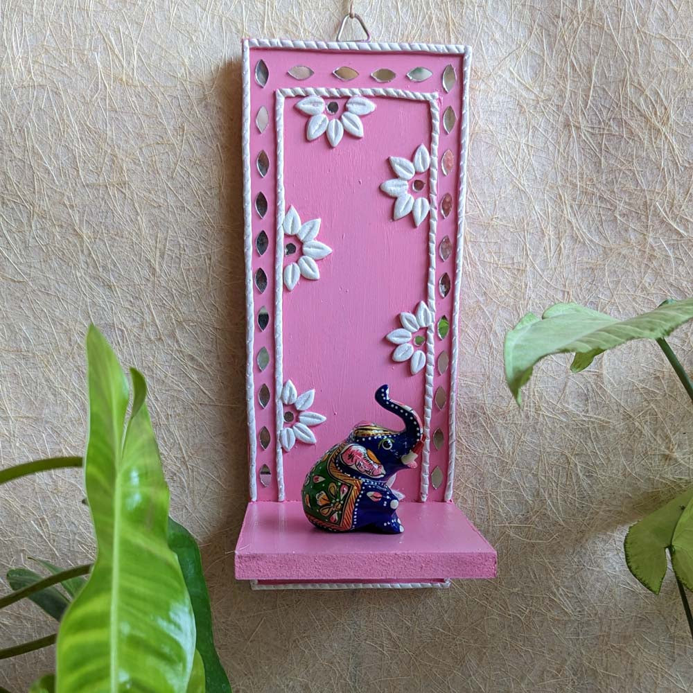 Handcrafted Lippan Art Wall Shelf with intricate mirror work and lattice design.