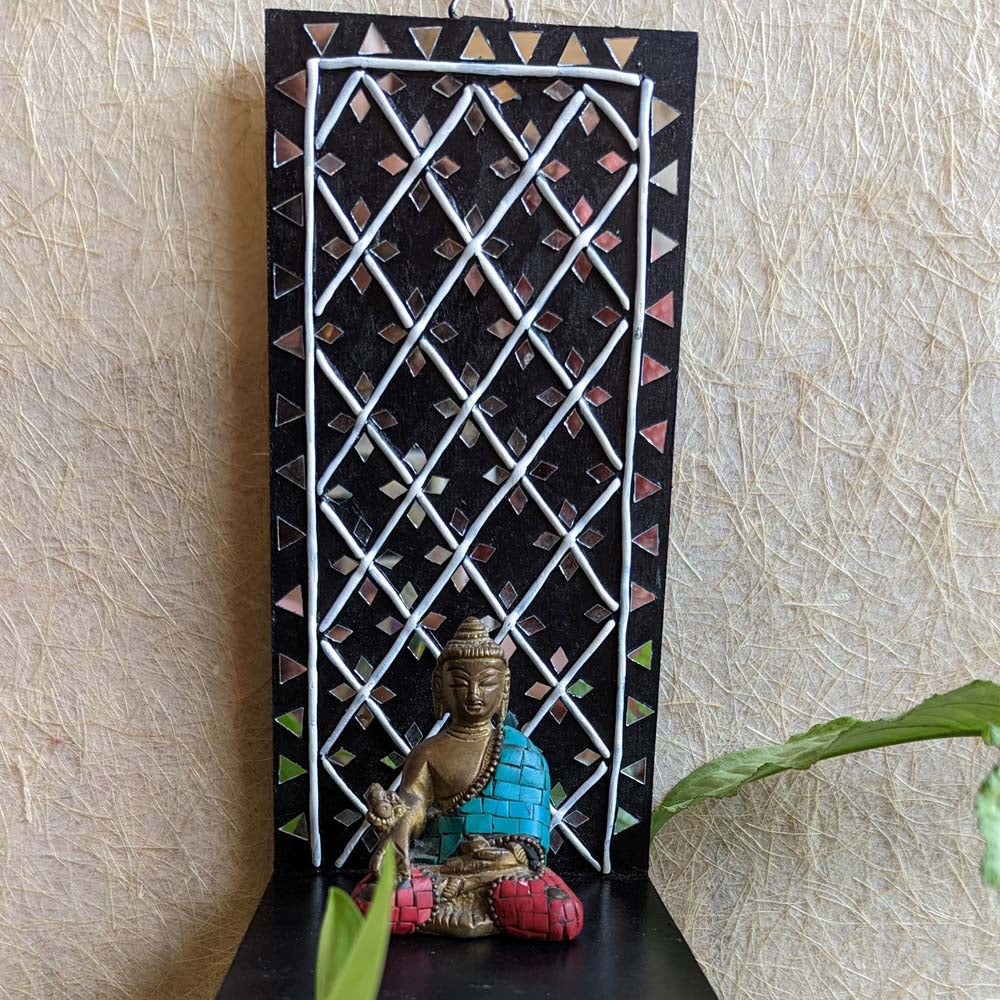 Handcrafted Lippan Art Wall Shelf with intricate mirror work and lattice design.