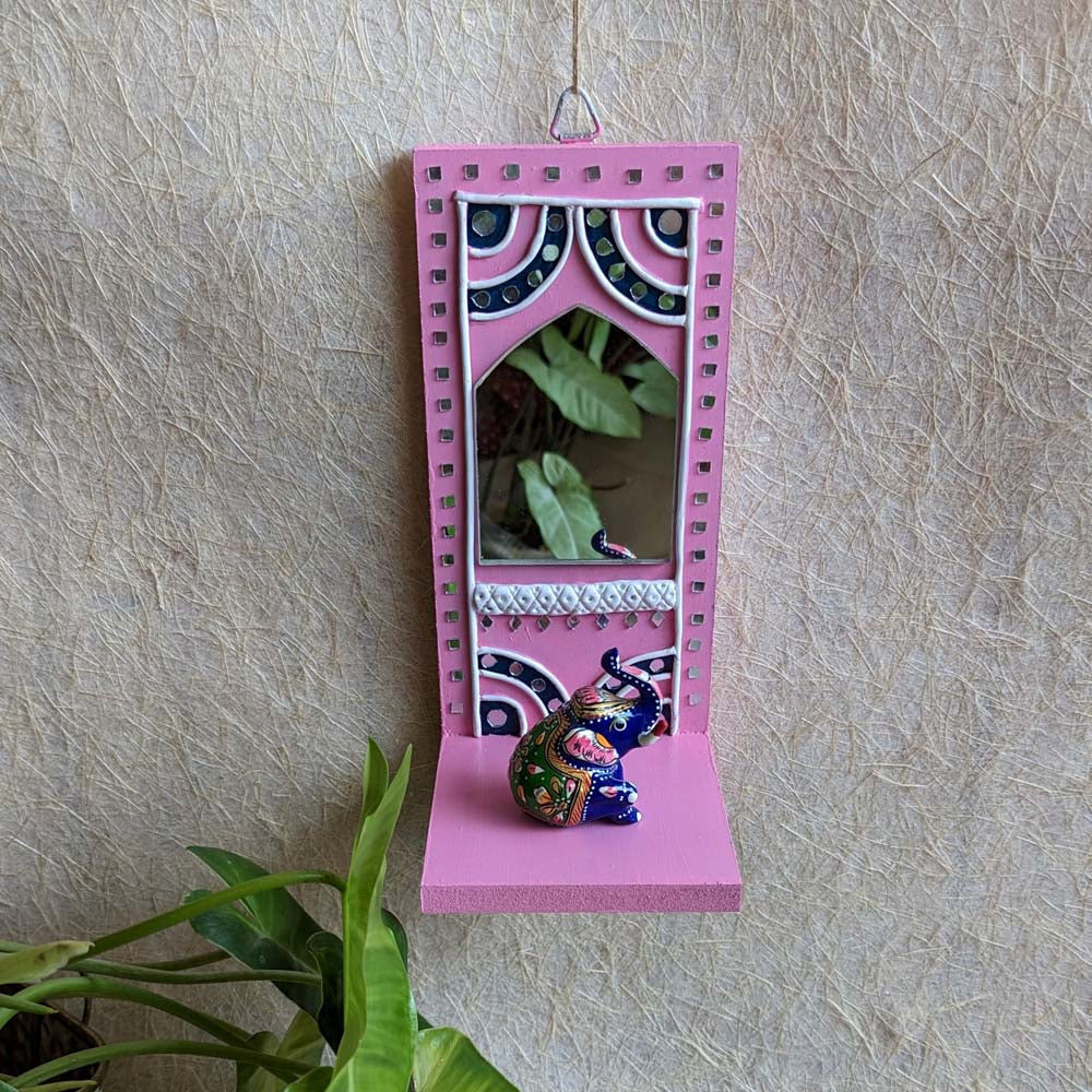 Handcrafted Lippan Art Wall Shelf with intricate mirror work and lattice design.