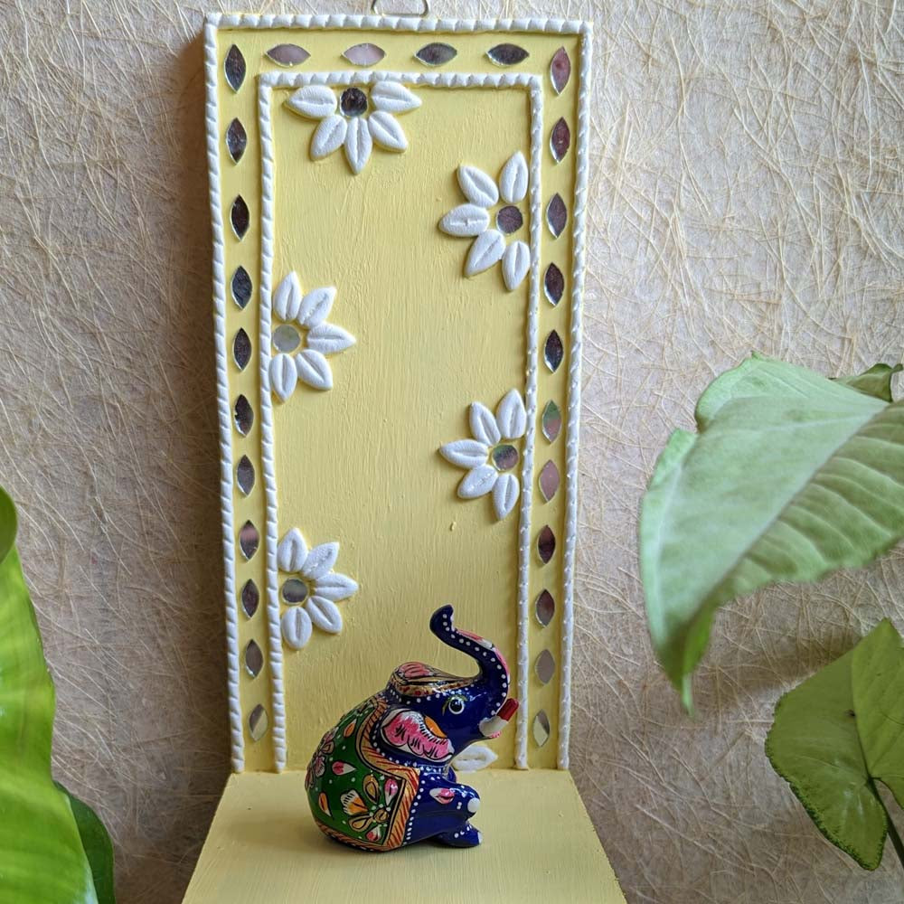 Handcrafted Lippan Art Wall Shelf with intricate mirror work and lattice design.