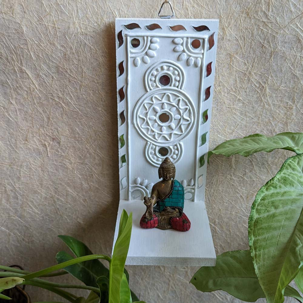 Handcrafted Lippan Art Wall Shelf with intricate mirror work and lattice design.