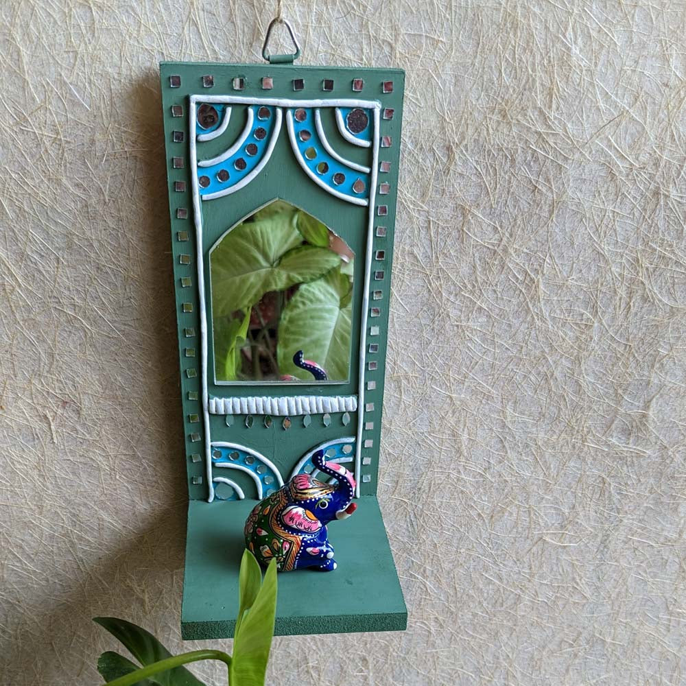 Handcrafted Lippan Art Wall Shelf with intricate mirror work and lattice design.