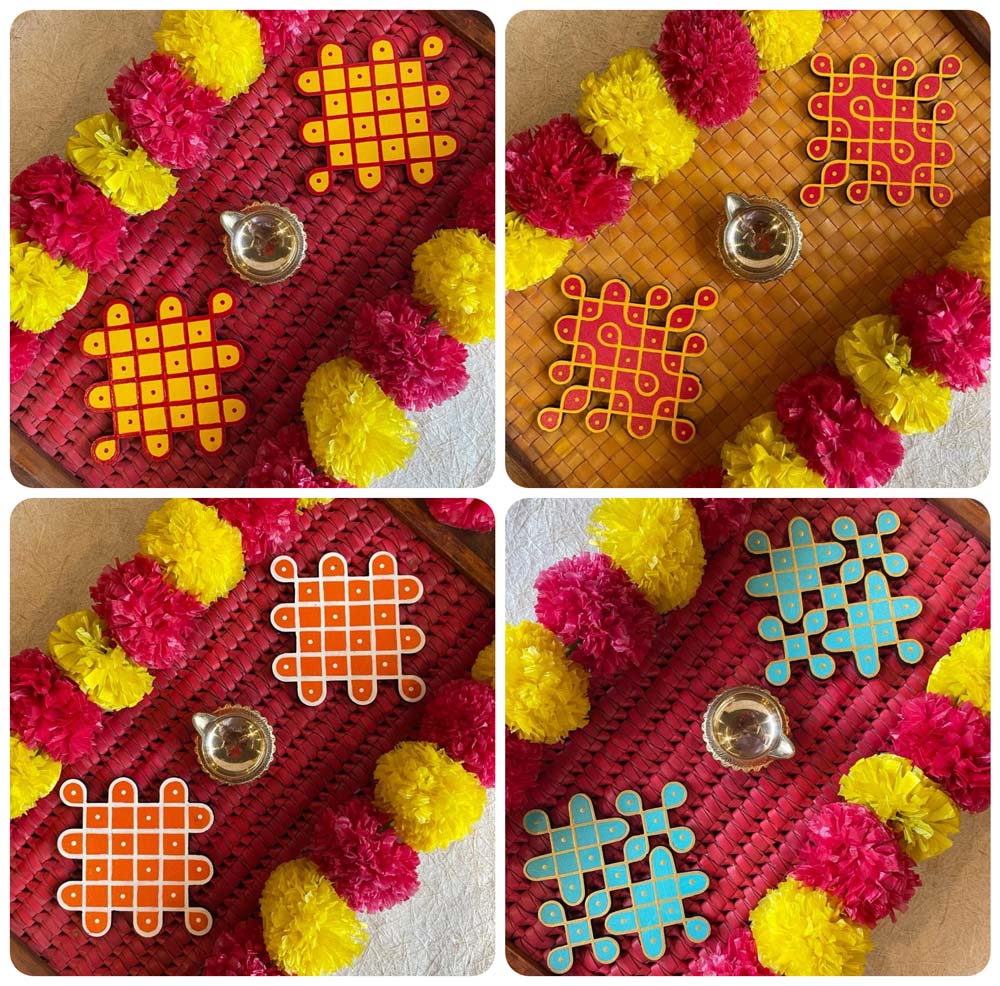 Traditional Sikku Kolam coasters in vibrant colours, arranged on a festive tray adorned with flowers and a diya, sold in a pack of 12.