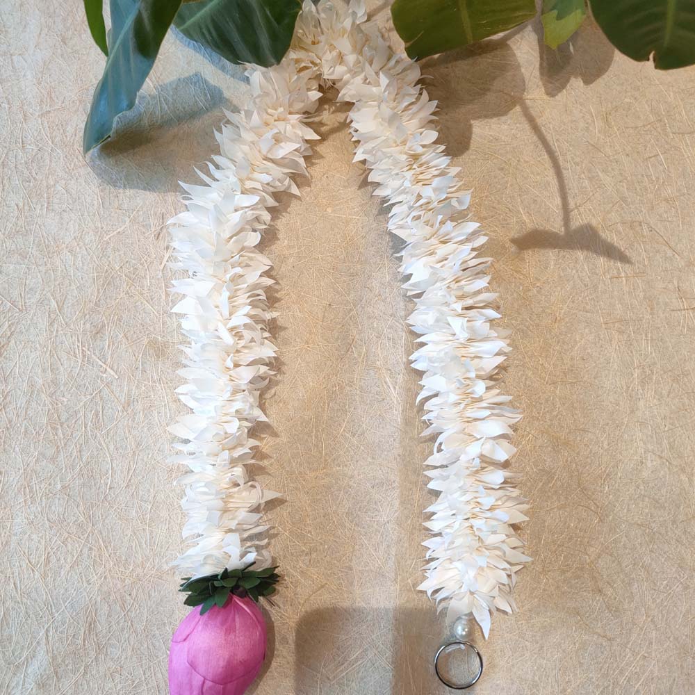 Artificial jasmine garland with white flowers and a single pink lotus accent, ideal for weddings, pooja, and festive decor.