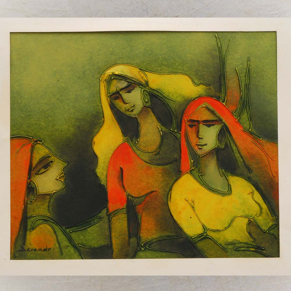 Acrylic painting of three women in conversation, rendered in earthy tones of green, orange, and yellow, framed with contemporary elegance.