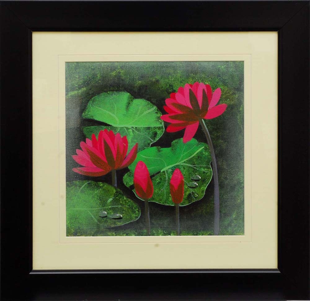 Oil painting of lotus flowers blooming in a pond with green leaves, encased in a black frame and cream border.