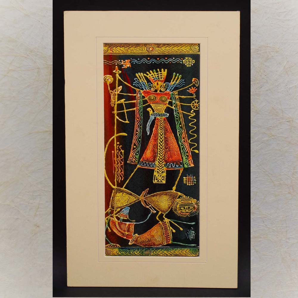 Acrylic painting of Goddess Durga standing in a divine posture with vibrant gold, red, and yellow detailing, framed with a cream mount and black border.