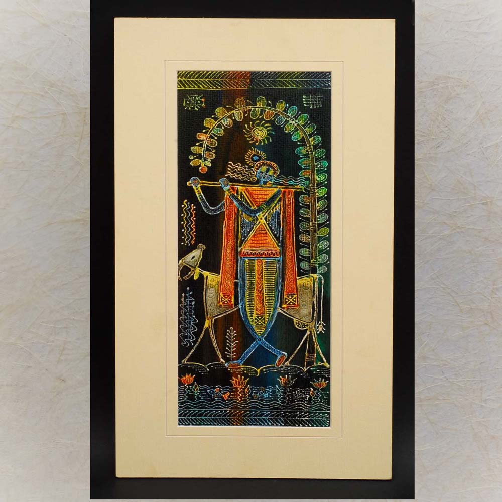Acrylic painting of Lord Krishna standing with a flute, under an arch, featuring intricate detailing, cows, and sacred motifs in vibrant colors.