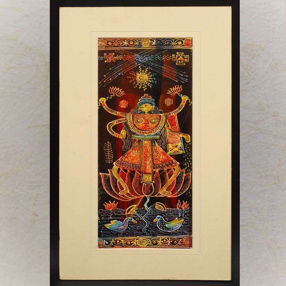 Acrylic painting of Goddess Lakshmi seated on a lotus, surrounded by intricate sacred motifs and vibrant colors, framed elegantly with a cream mount and black border.