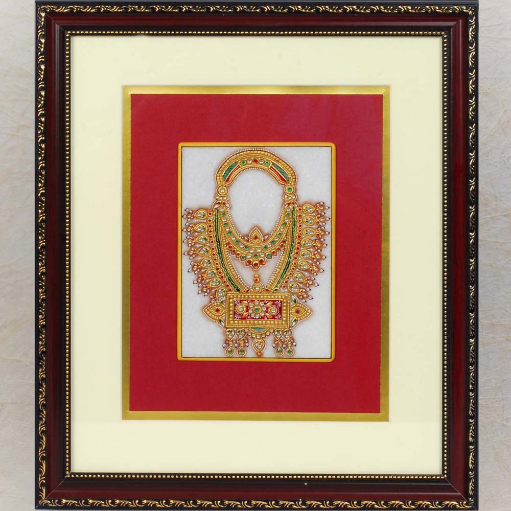 Gemstone painting of a traditional necklace design, handcrafted on marble with intricate detailing, framed with red and ivory mount borders.