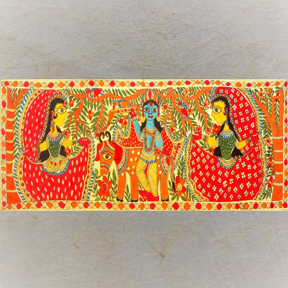 Madhubani Painting 108 - Krishna Dancing With Gopikas