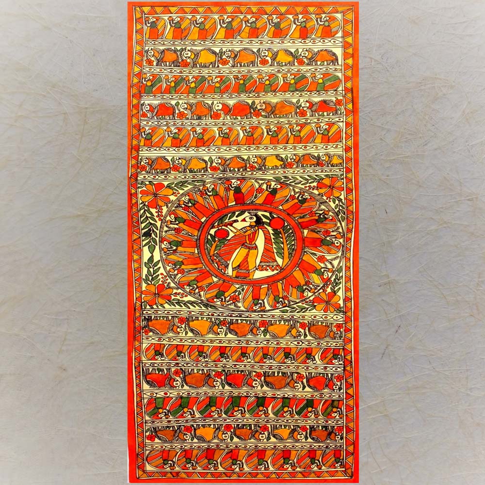 Madhubani painting of Krishna playing the flute, surrounded by Gopikas and animals, with intricate detailing and vibrant traditional colors.