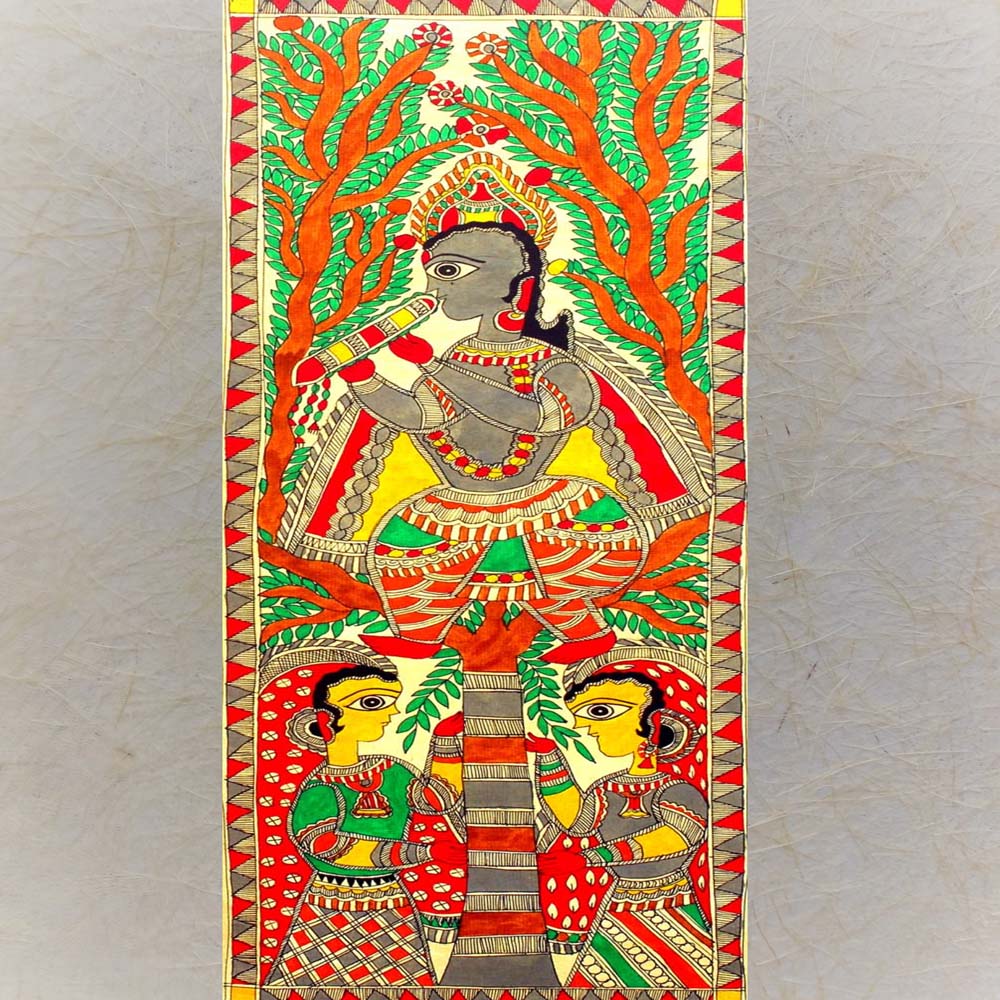 Madhubani painting of Krishna playing the flute while standing on a tree, with vibrant colors, intricate details, and traditional folk art motifs.