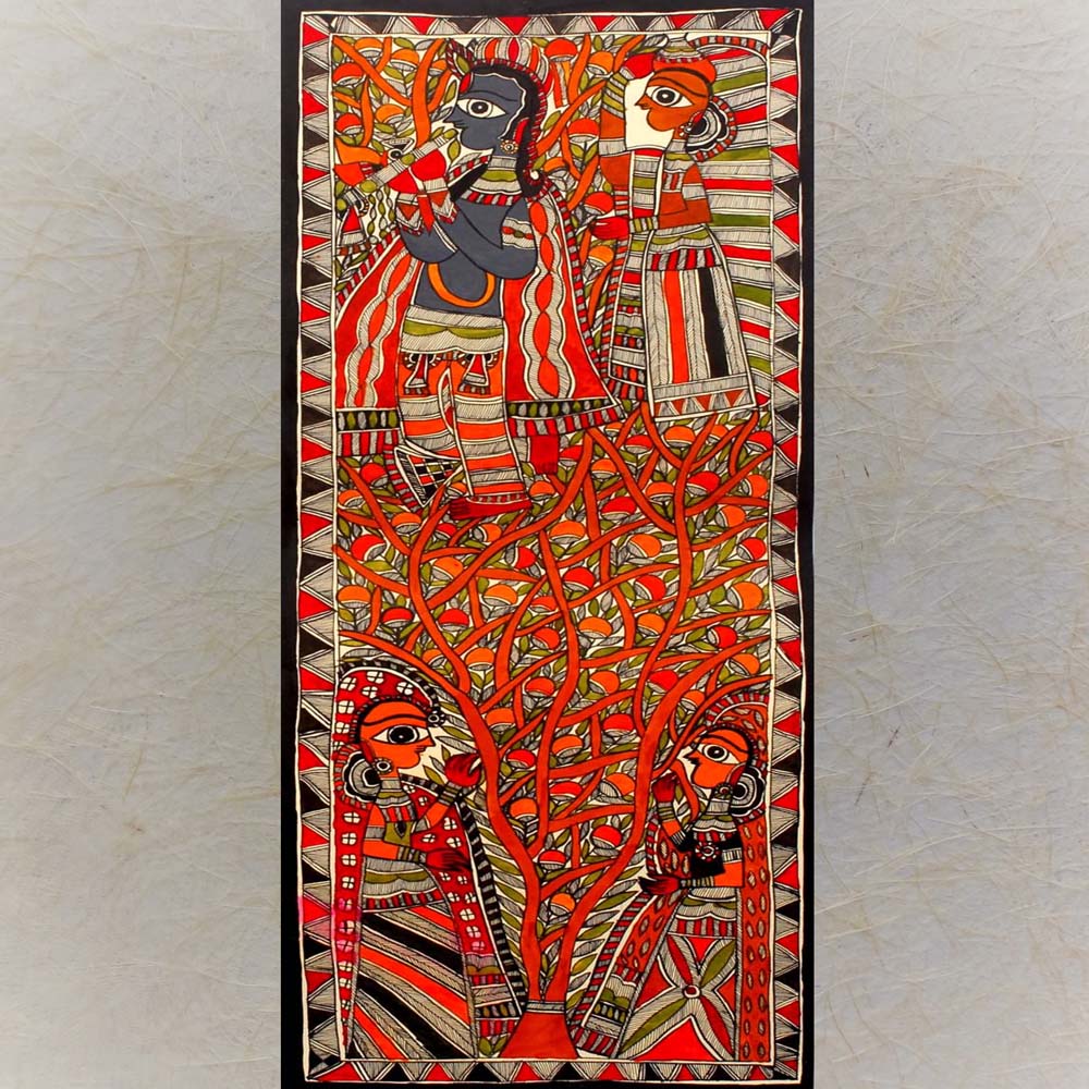 Madhubani painting of Krishna playing the flute on a tree, with Radha and Gopis admiring, featuring intricate detailing and vibrant colors.