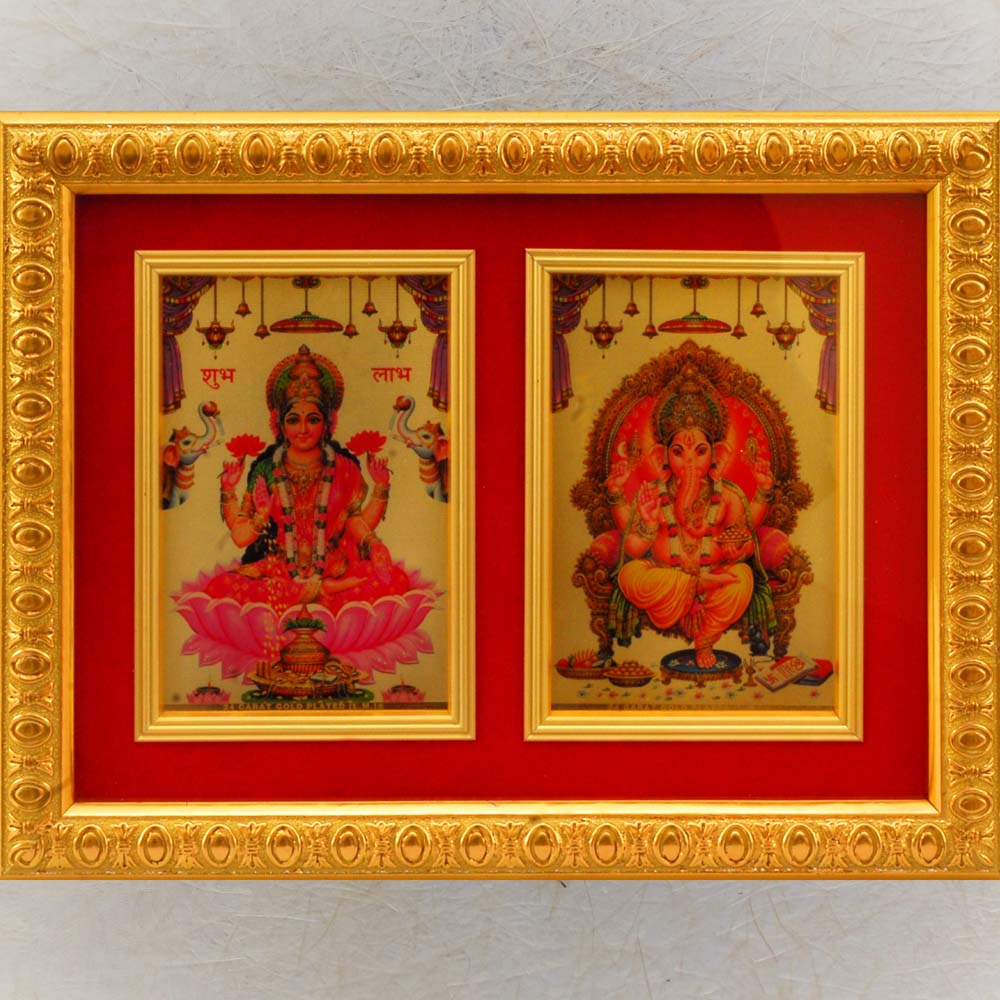 Golden Lakshmi Ganesh photo frame featuring vivid artwork of Goddess Lakshmi and Lord Ganesh, enclosed in an intricately designed golden frame.