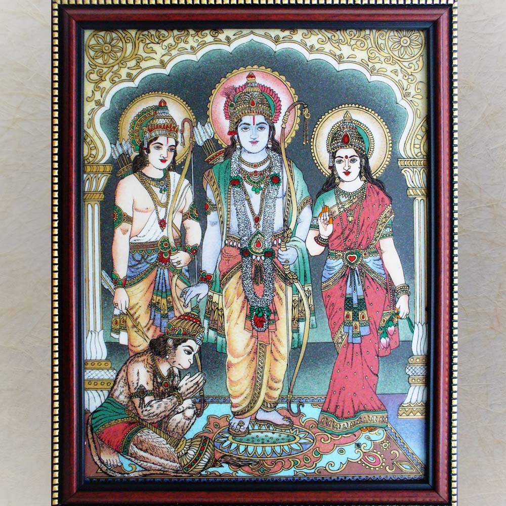 Framed painting of Ram Darbar featuring Lord Ram, Goddess Sita, Lakshman, and Hanuman in a serene palace setting with intricate detailing.