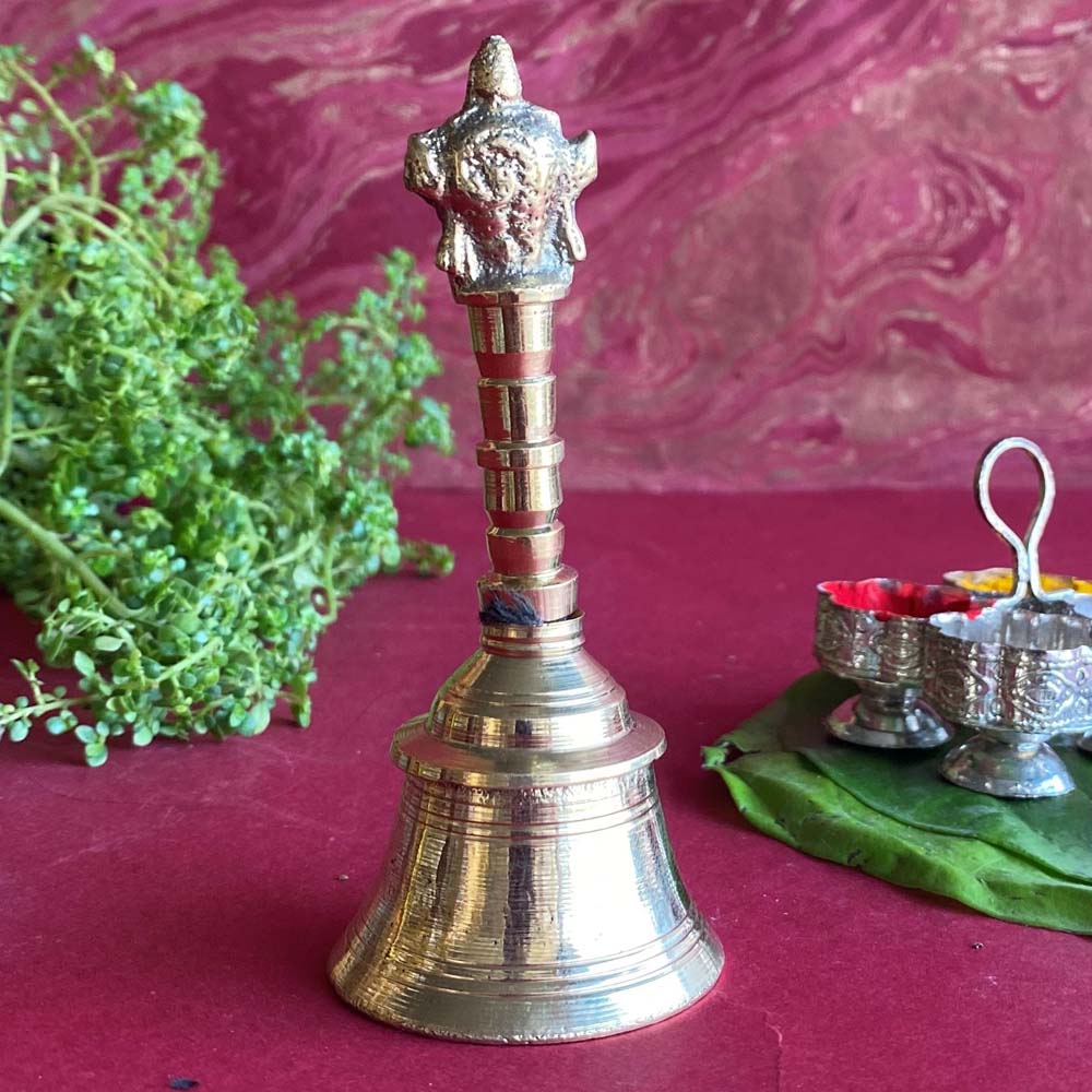 Eternal Bell Sangu Chakra Small - Brass Bell with Sangu and Chakra Symbols at the Top