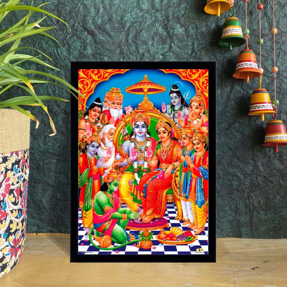 Vibrant Ram Darbar Framed Wall Art featuring Lord Rama, Goddess Sita, Lord Lakshmana, and Hanuman in a divine setting.