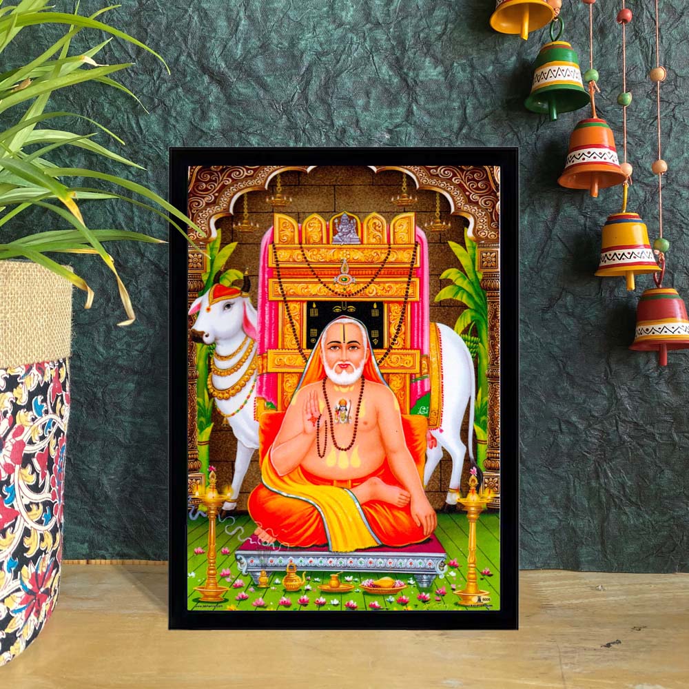 Guru Raghavendra Swamy seated in front of a temple with a sacred cow, traditional elements, and vibrant colors.