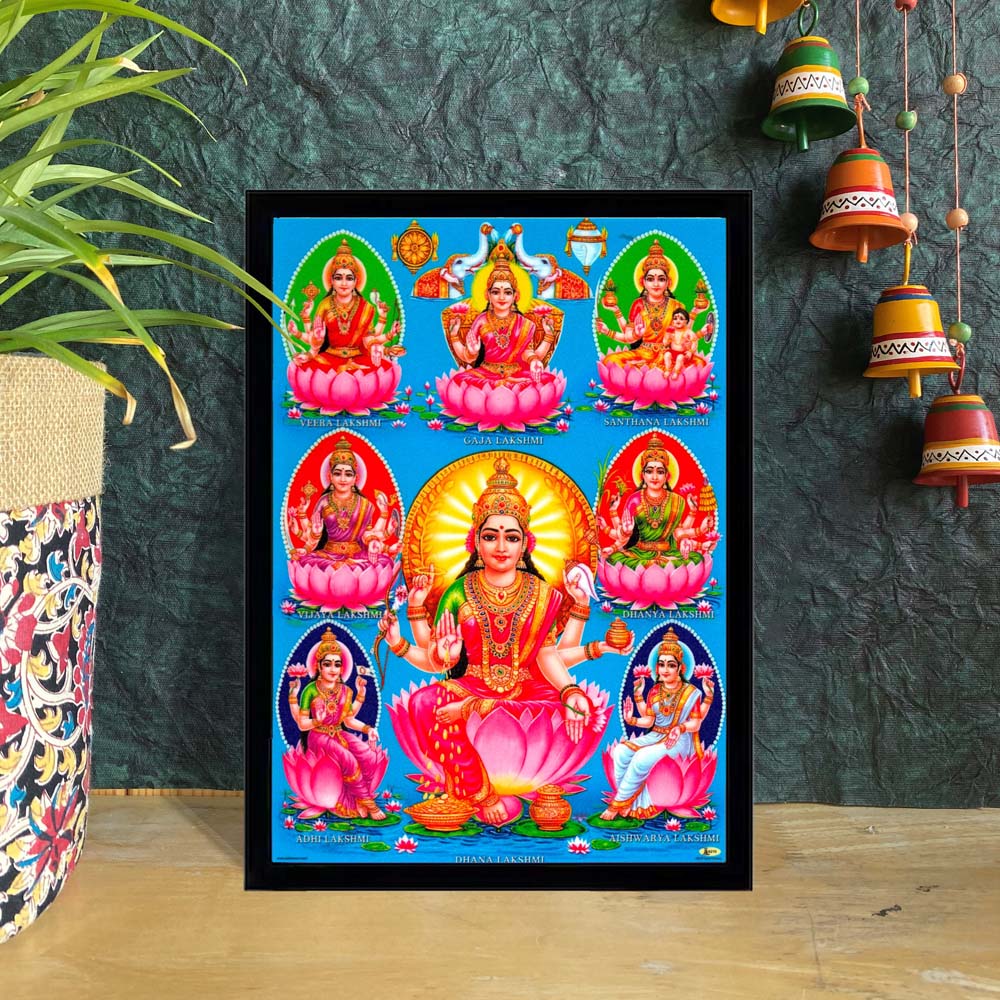 Ashtalakshmi wall art depicting eight forms of Goddess Lakshmi seated on lotus flowers, with a vibrant blue background.