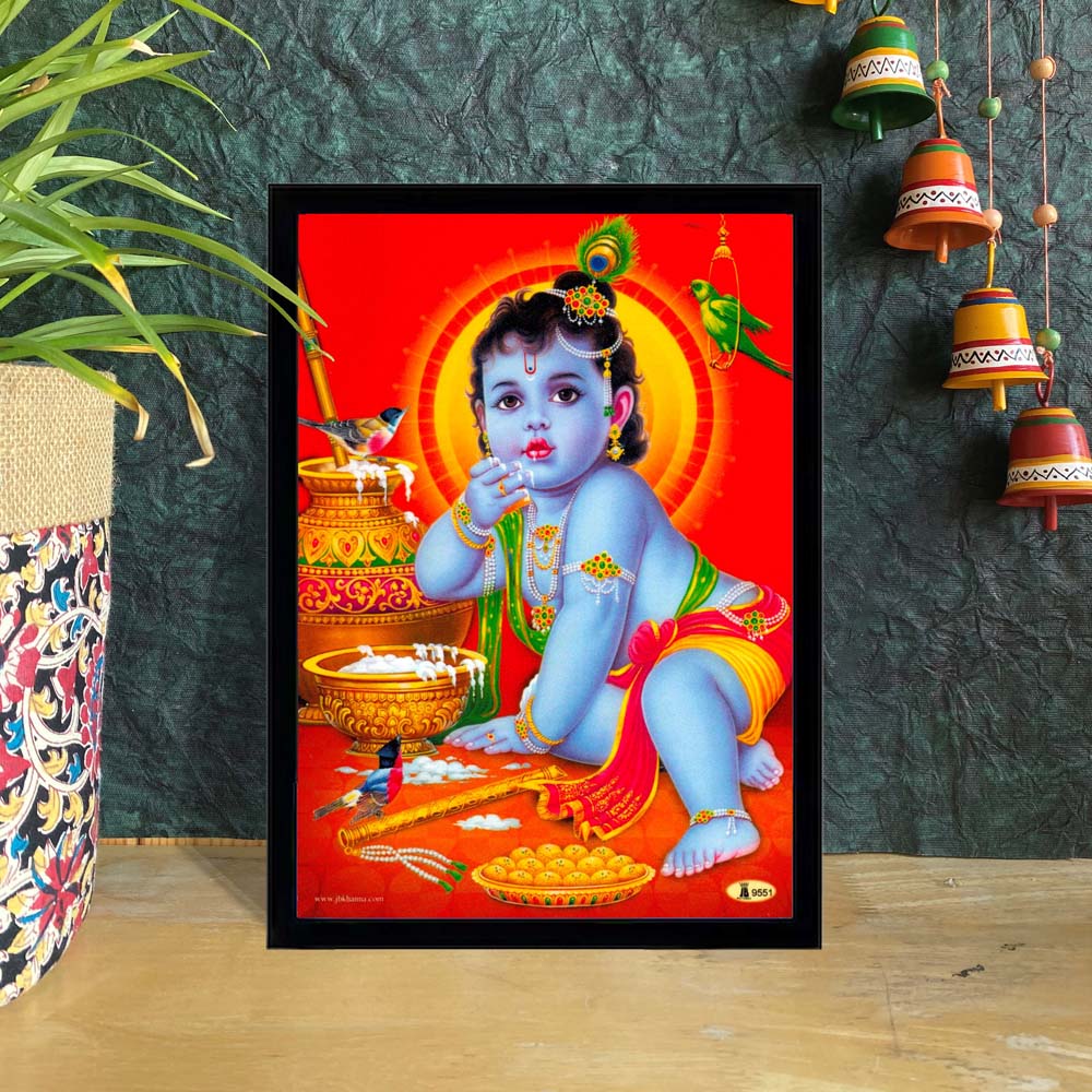 Baby Krishna indulging in butter with vibrant red background, intricate details, and joyful expression.