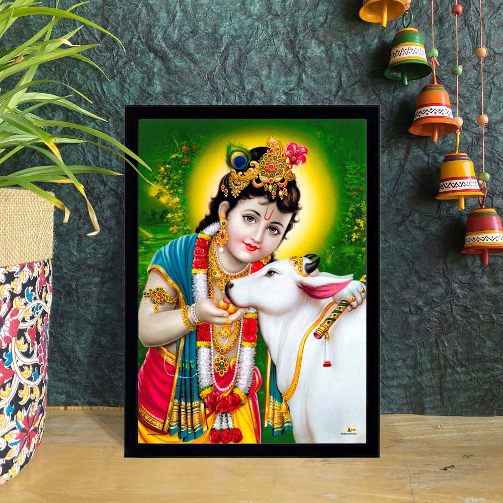 Baby Krishna embracing a cow with intricate details and a vibrant green background, symbolizing love and innocence.