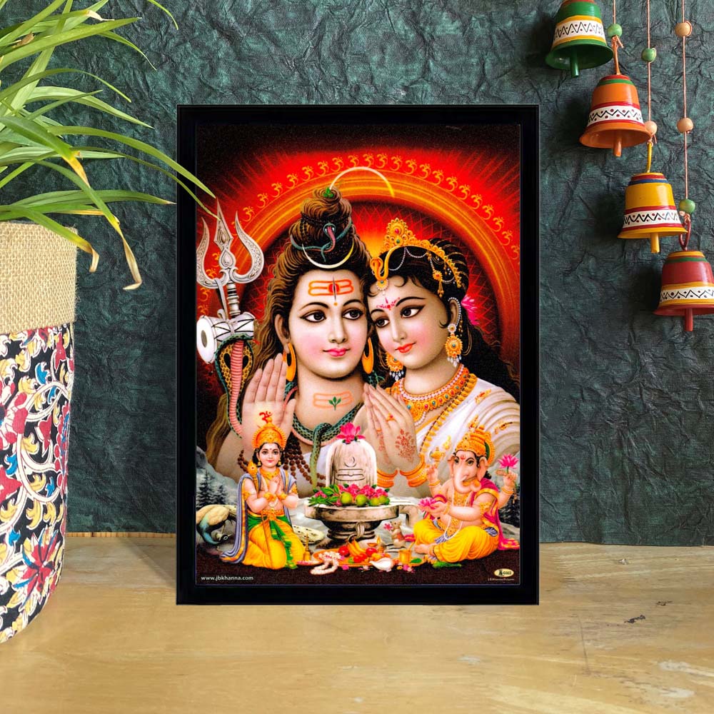 Shiva Parvati family artwork with Lord Shiva, Goddess Parvati, Shiva Lingam, and Lord Ganesha on a vibrant red backdrop.