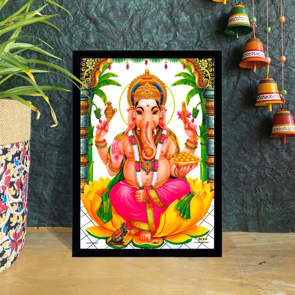 Framed Lord Ganesha Wall Art with Vibrant Colors for Pooja Room and Spiritual Decor.