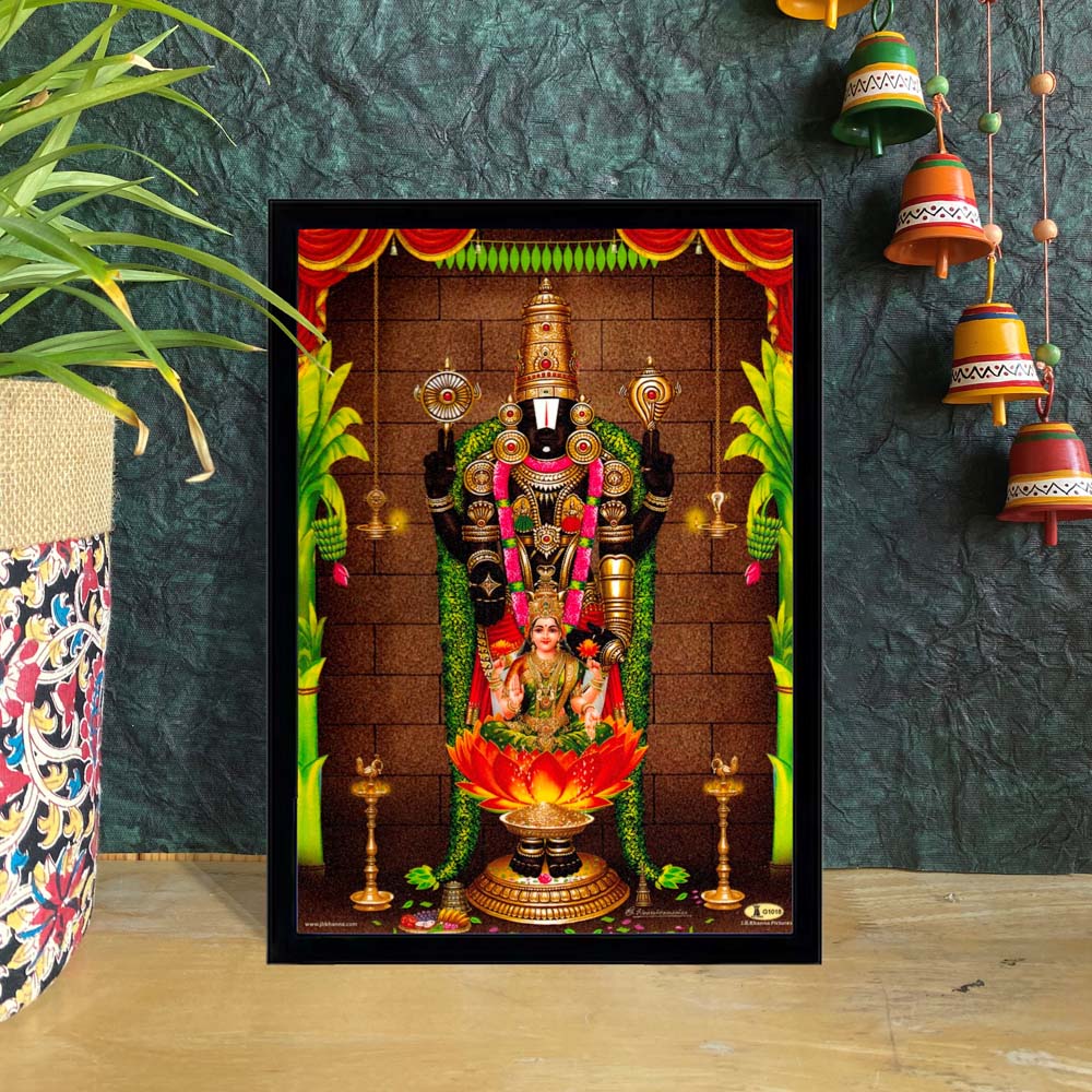 Framed Lord Balaji Wall Art with Vibrant Traditional Detailing for Pooja Room or Home Decor.