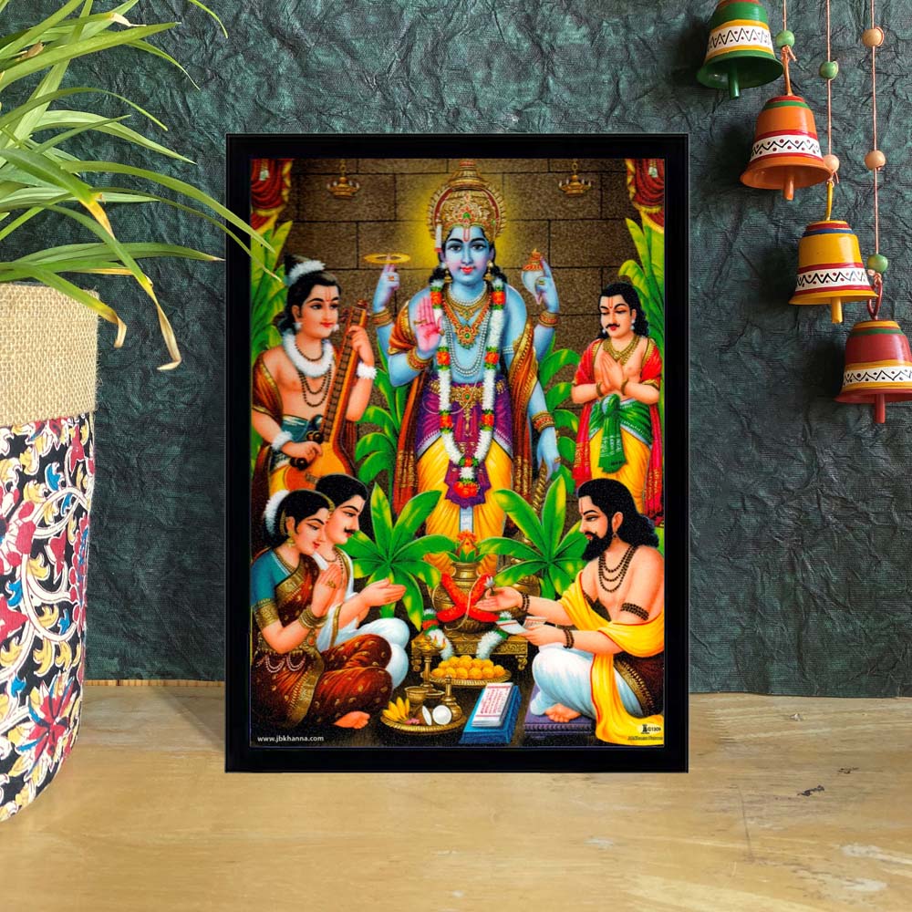 Framed Lord Vishnu Wall Art with Devotees and Traditional Detailing for Pooja Room and Spiritual Decor