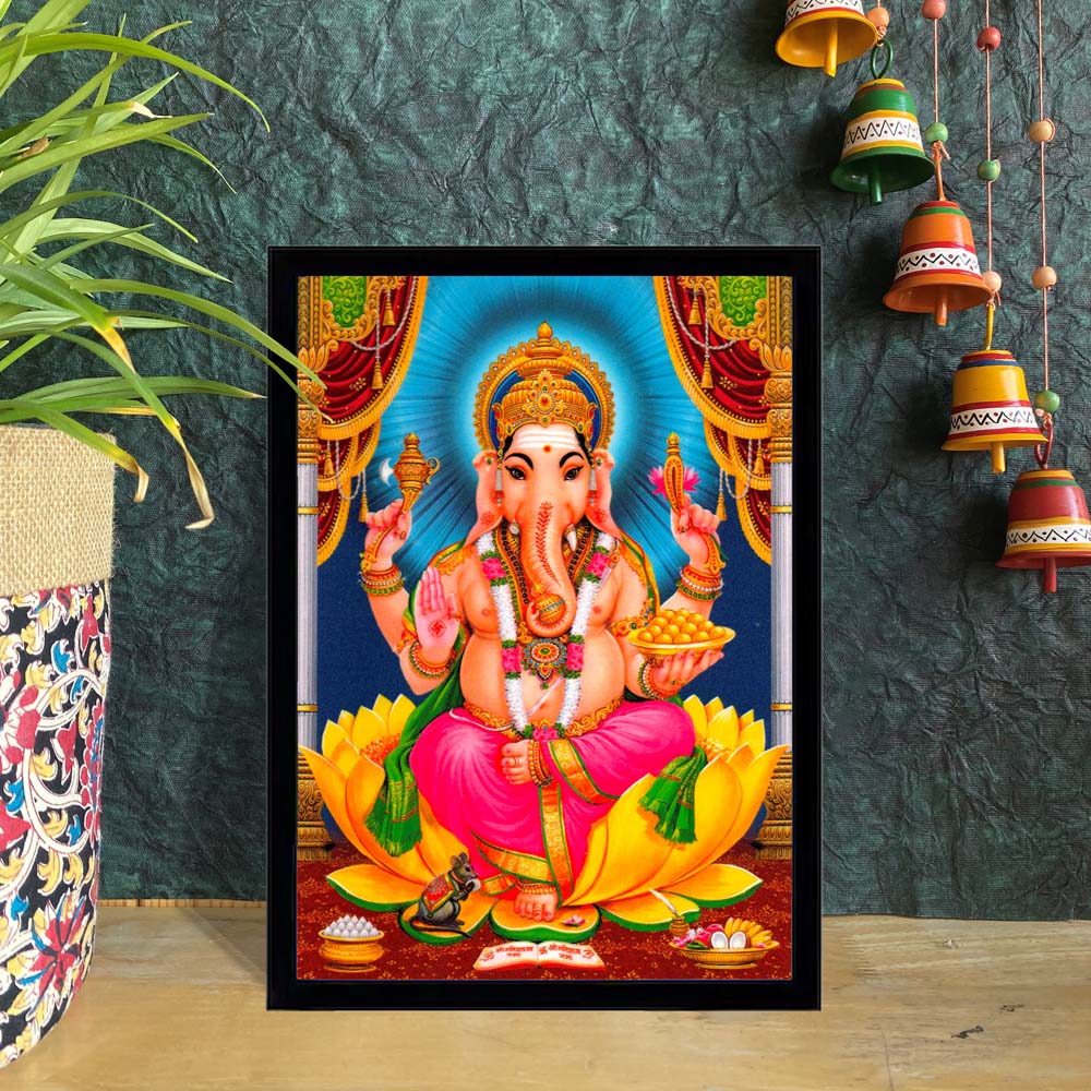 Vibrant Lord Ganesha fiber artwork seated on a lotus with divine details and a blue radiant background.