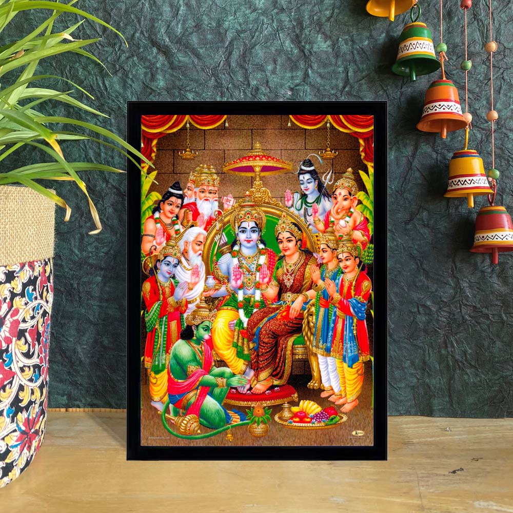 Ram Darbar artwork featuring Lord Rama, Sita, Lakshmana, and Hanuman in a vibrant and intricately detailed spiritual setting.