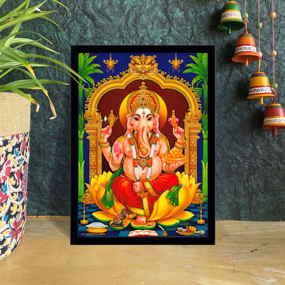 This stunning artwork portrays Lord Ganesha, seated majestically on a golden lotus, symbolizing wisdom, prosperity, and the remover of obstacles. The intricate detailing of the throne, vibrant colors, and serene expression exude spiritual charm and positivity. Crafted from high-quality fiber, this masterpiece is ideal for pooja rooms, living spaces, or meditation corners. It also makes a thoughtful gift for housewarmings, festivals like Ganesh Chaturthi, and other special occasions.