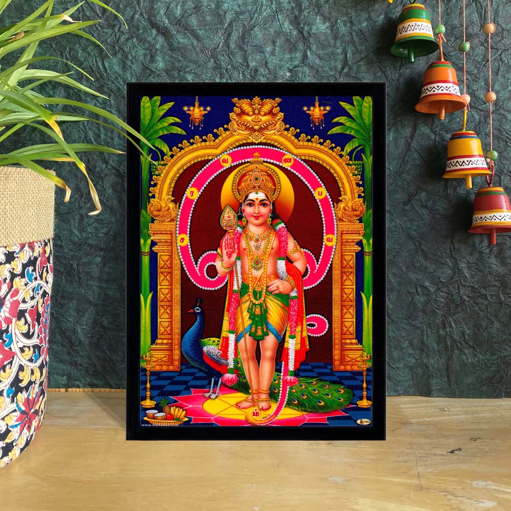 Lord Murugan standing with a peacock, adorned in vibrant colors and intricate spiritual detailing.
