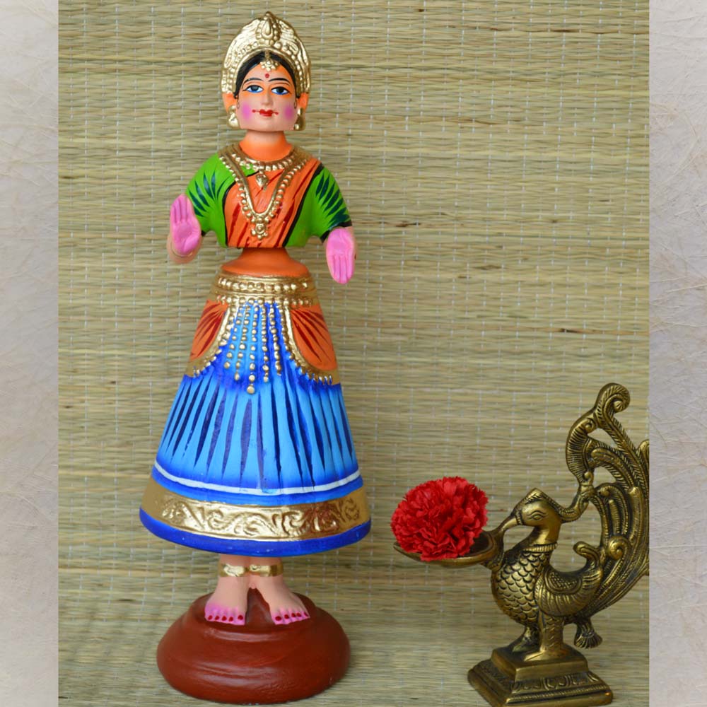 Navarathri Golu Dancing Doll in blue, orange, and green with gold accents, made of handcrafted paper mache, ideal for festive decor.