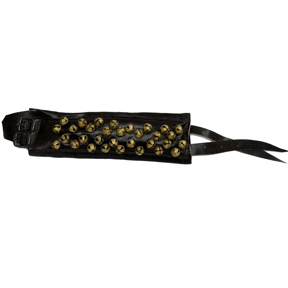 4-Line Traditional Salangai made of black leather with brass bells and adjustable straps for classical Indian dance.
