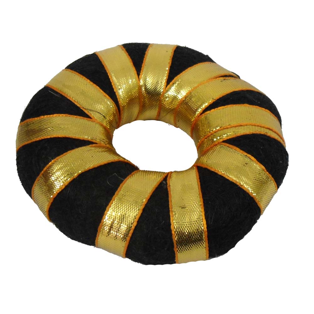 Black Bharatanatyam hair bun ring with golden ribbon detailing for traditional dance and festive hairstyles