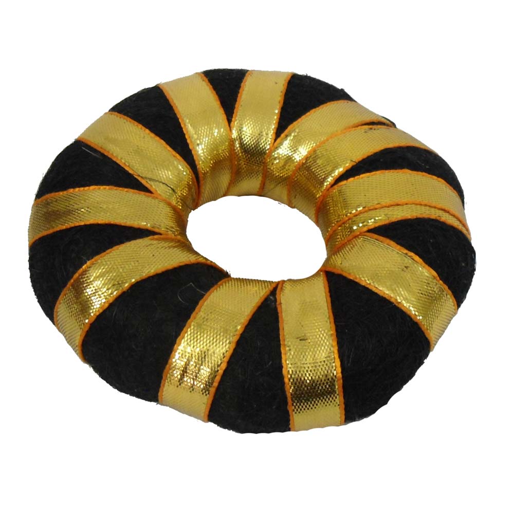 Black Bharatanatyam hair ring with golden ribbon for traditional dance hairstyles