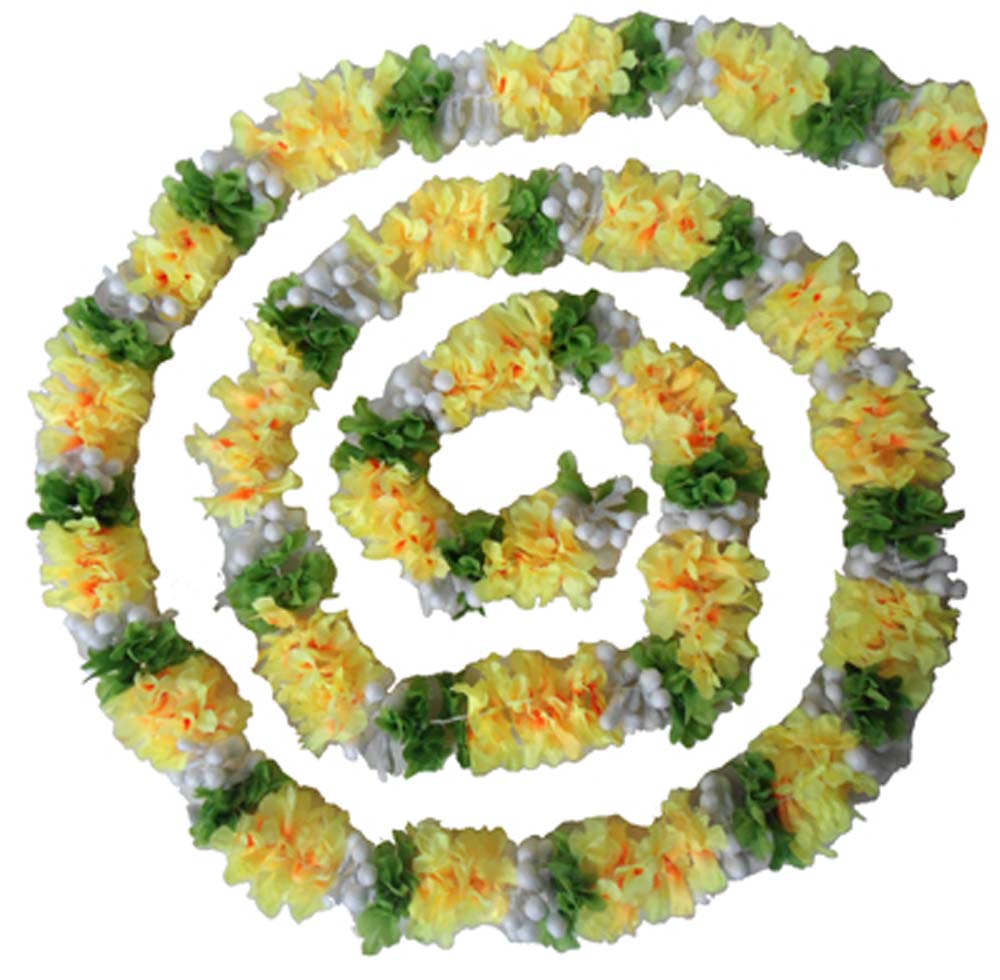 Kadambam flower garland in vibrant yellow, white, and green colors, ideal for Indian festive decor and religious ceremonies.