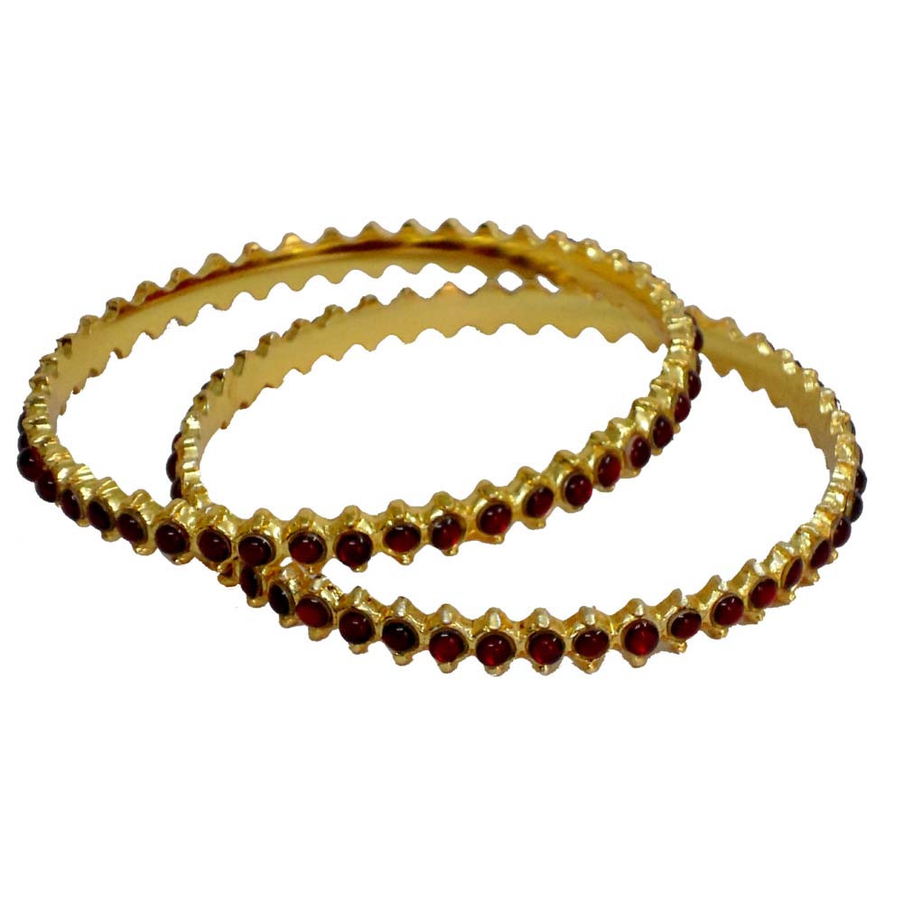 Temple Jewelry Bangle Set featuring red kemp stones in a gold finish, perfect for traditional and festive occasions.