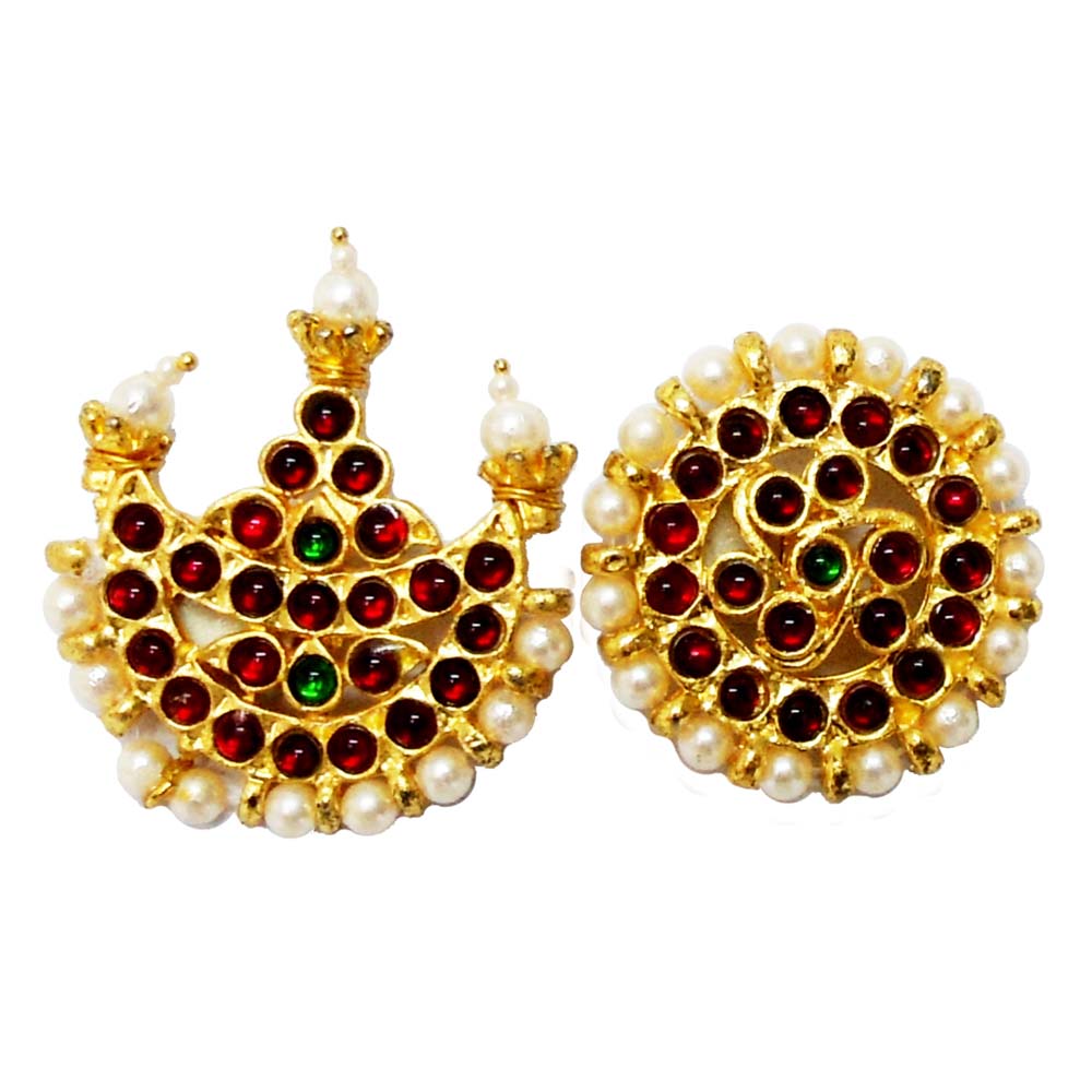 Temple Jewelry Sun & Moon Earrings with red and green Kemp stones and pearl accents in a gold-tone finish